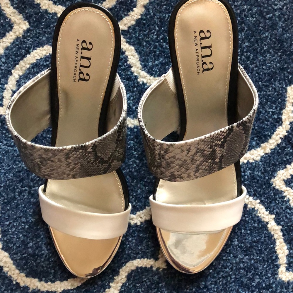 A.N.A. Black and white wedge heel two band sandal; one snake skin band